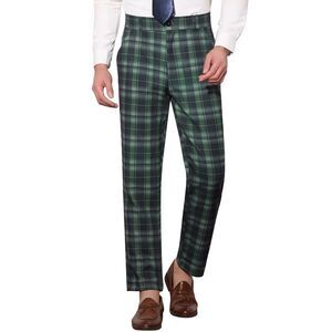 Plaid Dress Pants Regular Fit Formal Business Checked Trousers Dark and Green